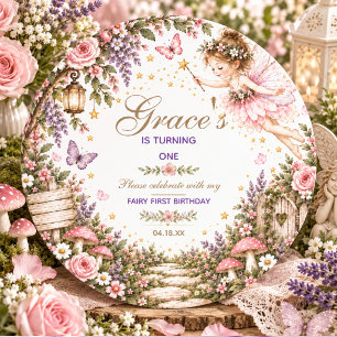 Fairy girl 1st Birthday Enchanted Garden Floral Classic Round Sticker