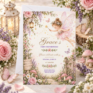 Fairy girl 1st Birthday Enchanted Garden Floral Invitation