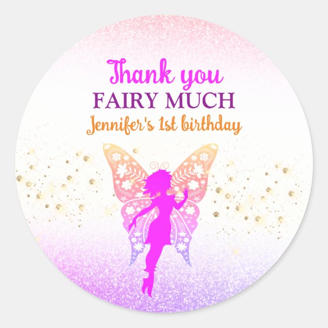 Fairy Girl 1st Birthday Thank You Classic Round Sticker (Front)
