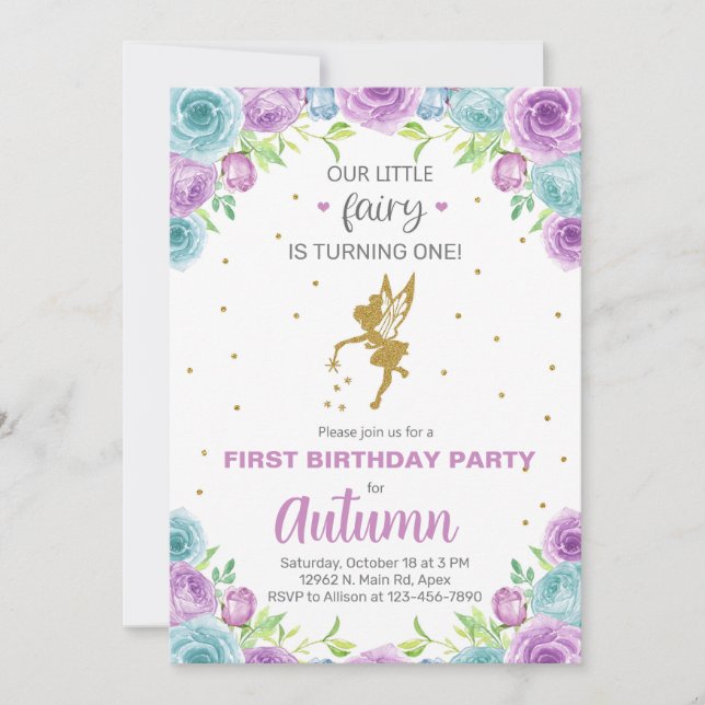 Fairy girl birthday invite, flowers gold any age.  invitation (Front)
