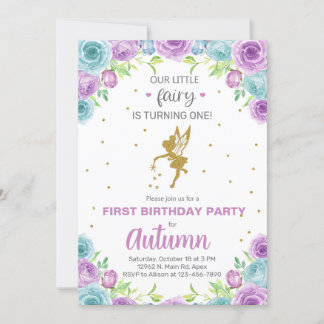Fairy girl birthday invite, flowers gold any age.  invitation