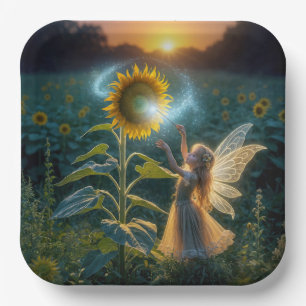Fairy Girl Casting a Spell On a Sunflower Paper Plate
