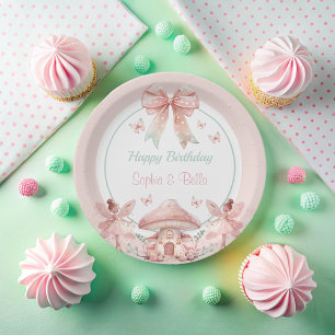 Fairy Girls Mushroom House Ribbon Twins Birthday Paper Plate