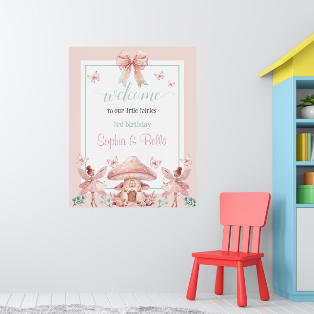 Fairy Girls Mushroom House Ribbon Twins Birthday Poster (Nursery 1)