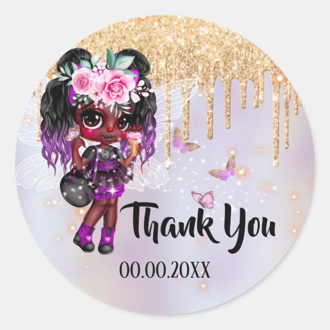 Fairy glitter pink purple gold butterfly thank you classic round sticker (Front)