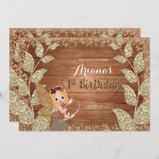 Fairy & Glittery Leaves Rustic Glam Fall Birthday Invitation (Front/Back)