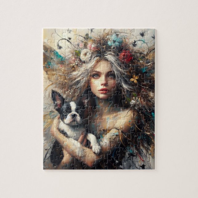 Fairy Holding a Cute Boston Terrier Puppy Jigsaw Puzzle (Vertical)