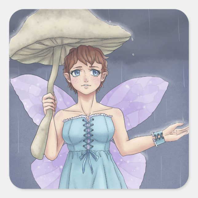 Fairy Holding Mushroom Umbrella in the Rain Square Sticker (Front)