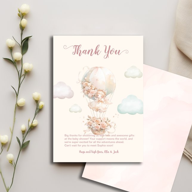 Fairy Hot Air Balloon With flowers Baby Shower Thank You Card (Creator Uploaded)