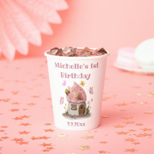 fairy house girl 1st birthday pink cute paper cups
