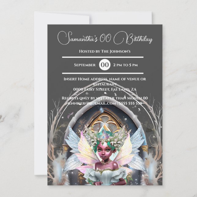 Fairy ice princess melanin pink glitter magical invitation (Front)