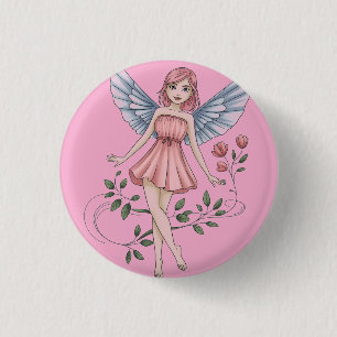 Fairy Illustration with Pink Dress and Wings 3 Cm Round Badge