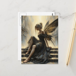 Fairy in a black and gold dress sitting on stairs postcard