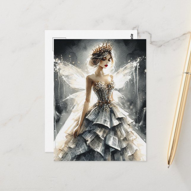 Fairy in a Fashion Show Dress Made From Newspapers Postcard (Front/Back In Situ)