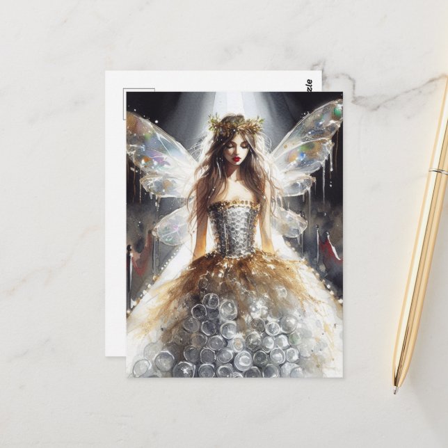 Fairy in a Fashion Show Dress Made From plastic  Postcard (Front/Back In Situ)