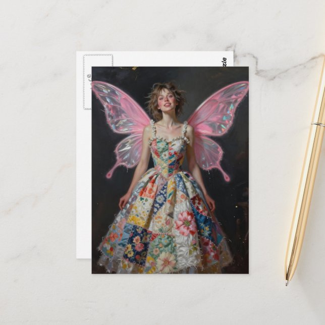 Fairy in a patchwork quilt dress postcard (Front/Back In Situ)