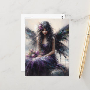 Fairy in a purple dress sitting on seaside cliff  postcard