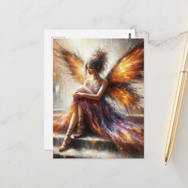 Fairy in a purple dress sitting on stairs postcard (Front/Back In Situ)