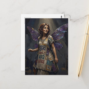 Fairy in a Recycled Dress of Colourful Printed Rag Postcard