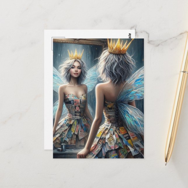 Fairy in a Recycled Newspaper Dress Postcard (Front/Back In Situ)