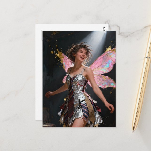 Fairy in a Recyled Ties Dress Postcard (Front/Back In Situ)