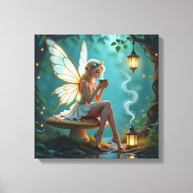 Fairy in Enchanted Forest Drinking Coffee Canvas Print (Front)