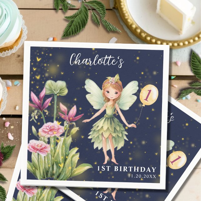 Fairy in Enchanted Garden Whimsical 1st Birthday Napkin (Creator Uploaded)