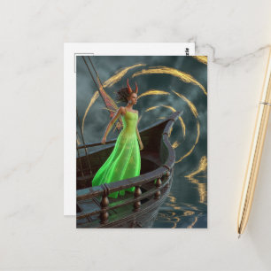 Fairy in Green Dress on a Boat with Red Horns Postcard