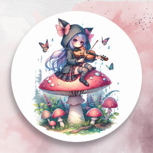Fairy in Hoodie Playing Viola on a Mushroom Classic Round Sticker