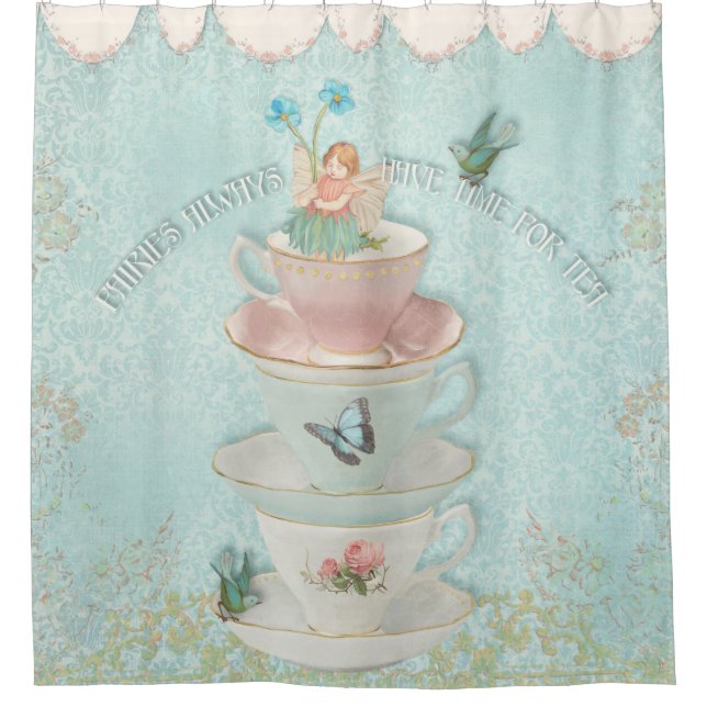 Fairy in Stacked Teacups w Birds Little Girl Decor Shower Curtain (Front)