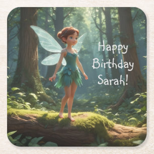 Fairy in the Forest Birthday Square Paper Coaster