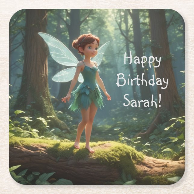 Fairy in the Forest Birthday Square Paper Coaster (Front)
