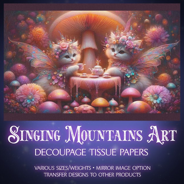 Fairy Kittens' Mushroom Tea Fantasy Art Decoupage Tissue Paper (Creator Uploaded)