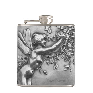 Fairy Lady Antique Silver Repousse Whiskey Nip Hip Flask
