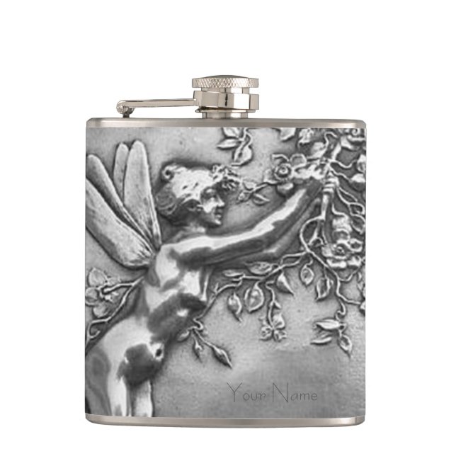 Fairy Lady Antique Silver Repousse Whiskey Nip Hip Flask (Front)