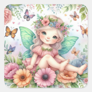 Fairy land with flowers watercolor  square sticker