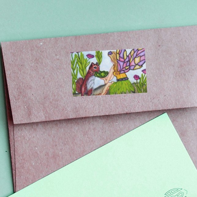 Fairy Leaves Squirrel Stained Glass Wings Rectangular Sticker (Fairy stained glass look wings sharing a drink with a squirrel on rectangle stickers.)