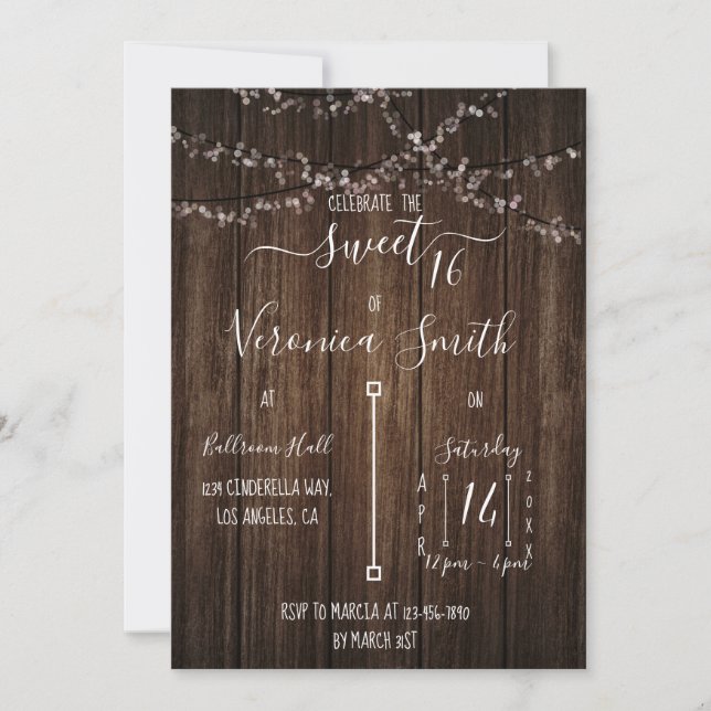 Fairy Lights and Wood Sweet 16 Invitation (Front)