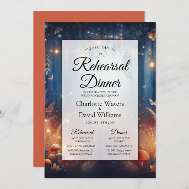 Fairy Lights in a Moonlit Forest Rehearsal Dinner Invitation (Front/Back)