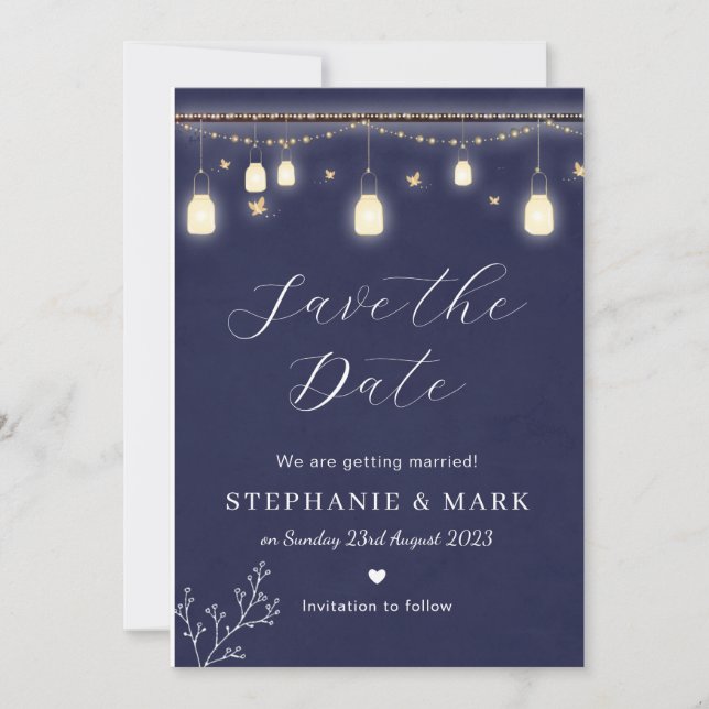 Fairy lights save the date, navy blue wedding invitation (Front)