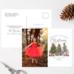 Fairy Merry Christmas Woodland Forest Photo Holiday Postcard<br><div class="desc">Illustration of a tree stump fairy house decorated for Christmas with two trees,  Christmas lights,  and lantern.  Text says,  "Wishing you a fairy merry Christmas"  Personalise the name,  year,  and photo.</div>
