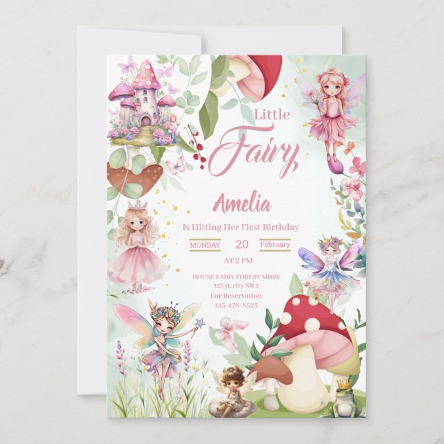 Fairy Mushroom Fairytale Magical Birthday Pink Invitation (Front)