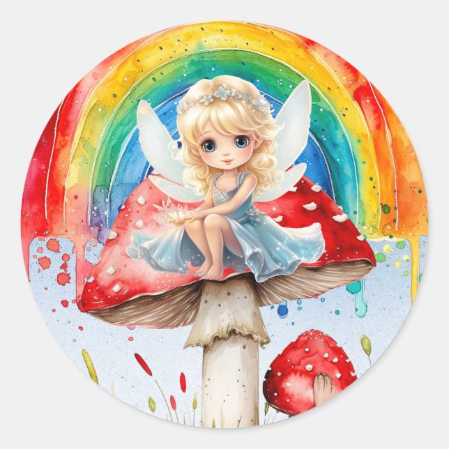 Fairy Mushroom Paint Rainbow Girl Birthday Party Classic Round Sticker (Front)