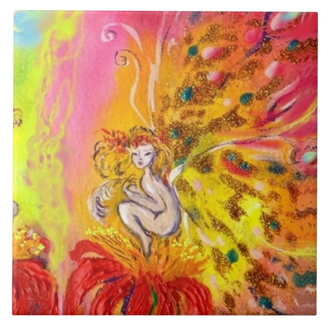 FAIRY OF DAWN WITH RED FLOWERS Fantasy Tile (Front)