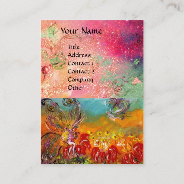 FAIRY OF RED FLOWERS Pink Green Floral Sparkles Business Card (Front)