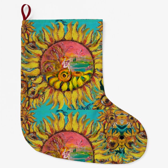 FAIRY OF SUNFLOWERS PLAYING LYRA Fantasy Floral Large Christmas Stocking (Front)