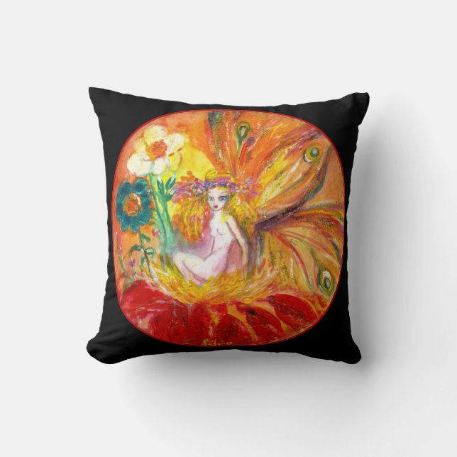 FAIRY OF THE FLOWERS ,Black Red Yellow Fantasy Cushion (Front)