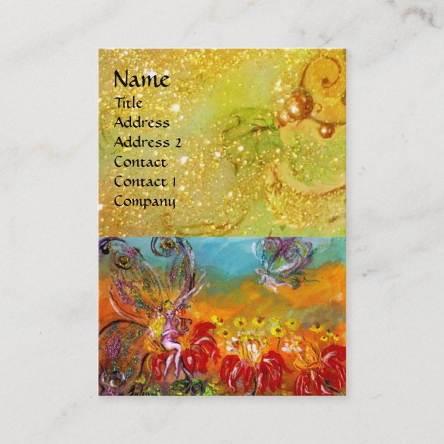 FAIRY OF THE RED FLOWERS IN GOLD YELLOW SPARKLES BUSINESS CARD (Front)