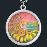 FAIRY OF THE SUNFLOWERS SILVER PLATED NECKLACE<br><div class="desc">Whimsical , colourful acrylic painting on canvas with golden and silver foil  (c) by Bulgan Lumini .</div>