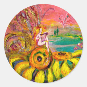 FAIRY OF THE SUNFLOWERS yellow pink black Classic Round Sticker
